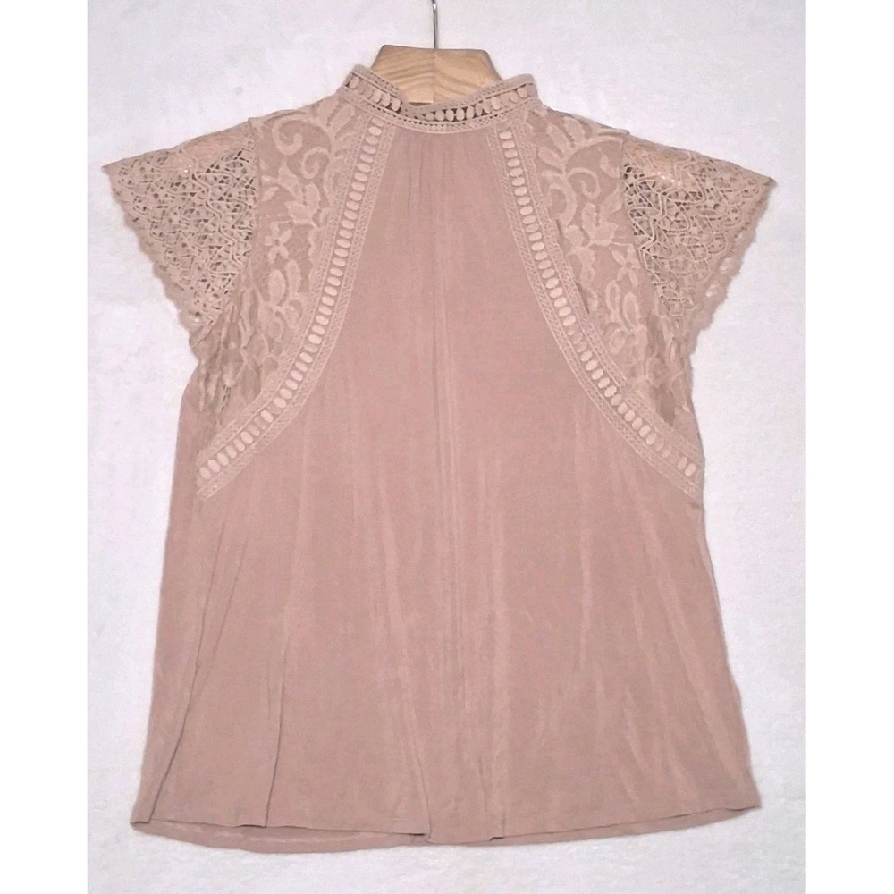 Cable & Gauge Crochet Lace Mock Neck Blouse Medium Taupe Cap Sleeve Boho Stretch